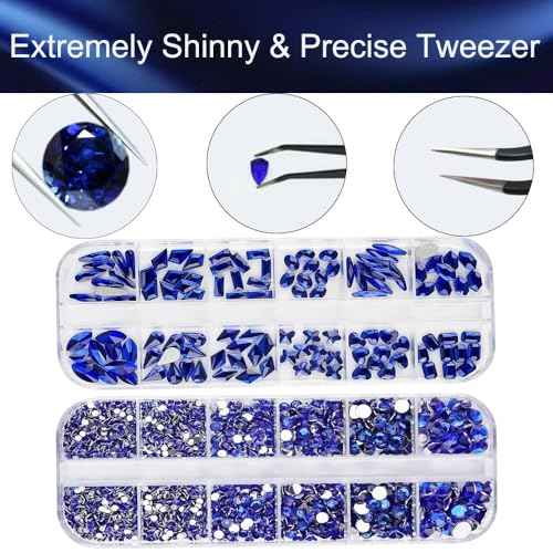 2680Pcs Royal Blue Nail Rhinestones Gems, 120pcs Multishapes Cobalt Blue Glass Big Nails Gem Stones with Bling Flatback Round Beads, Dark Blue Clear Diamond Rhinestone for DIY Face Eyes Makeup Crafts