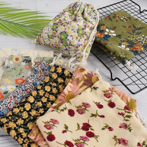 Mini Corduroy Drawstring Bag10PCS, Flower Makeup Bag Portable Small Pocket Cosmetic Bag For Women Travel Storage Cosmetics Headphones Jewelry(Random Style)