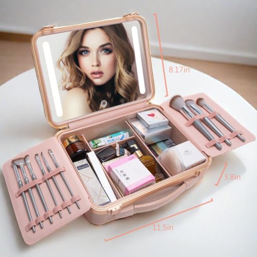 Makeup Case with LED Lighted Mirror, 11.5''x 8.7'' Portable Travel Makeup Organizer, Toiletry Storage Makeup Bag Gift for Lady, DIY Dividers Makeup Box with 5X Magnifying Mirror (Pink)