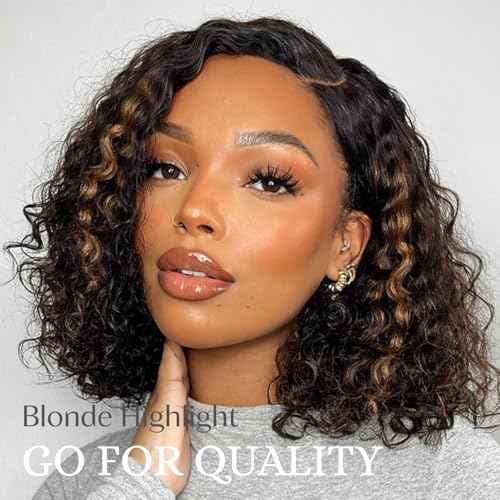 ALHER F1B/27 Black and Blonde Highlight Water Wave Bundles with 2x6 Long Deep Part Lace Closure, 12A Wet n Wavy Bayalage Ombre Colored Bundles with Closure 100% Virgin Remy Human Hair 12 14 16+12 IN