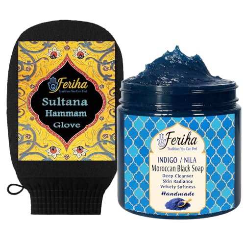 FERIHA Moroccan Indigo (Nila) Black Soap + Original Kessa Exfoliating Glove ? Traditional Hammam Duo for Deep Cleansing and Radiant Skin