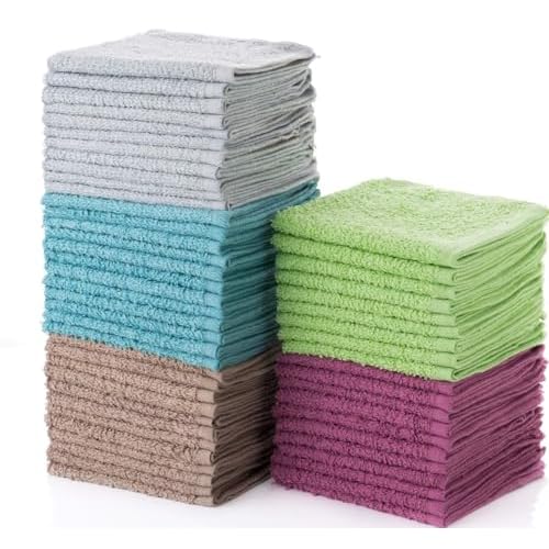 Simpli-Magic Cotton Wash Cloths 12"x12" (50 Pack) ? Highly Absorbent Soft Towels for Bathroom ? Commercial Terry Washcloth for Face, Hand, Bath, Kitchen, Gym & Hotel (Multicolor)