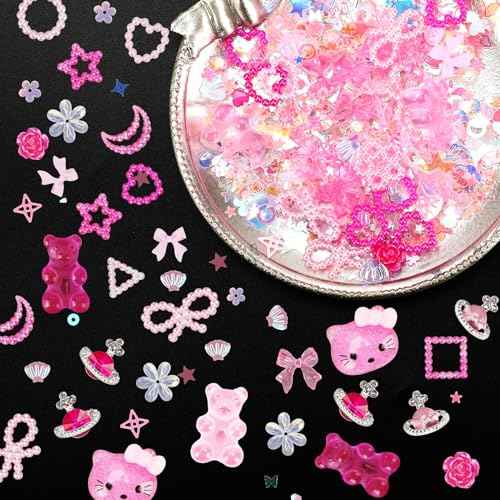 3D Pink Nail Charms Bulk Gummy Bear Butterfly Bow Assorted Nail Charms Set Planet Cherry Gems Cute Heart Star Pearls Nail Charms for Nail Art DIY Supplies Accessories