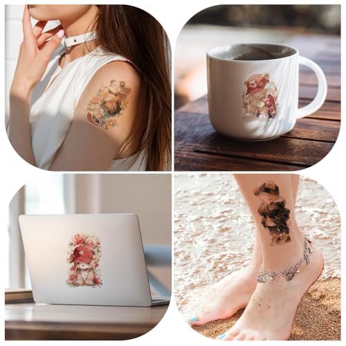 12 Sheets Teddy Bear Temporary Tattoos - Watercolor Floral