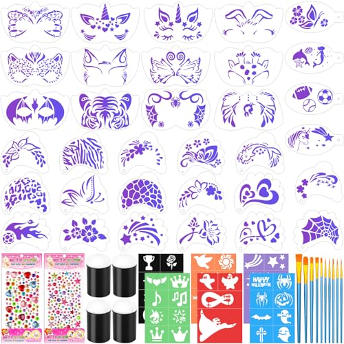 Face Paint Stencils Kit - 33 Reusable Stencils, 10 Brushes & Gems