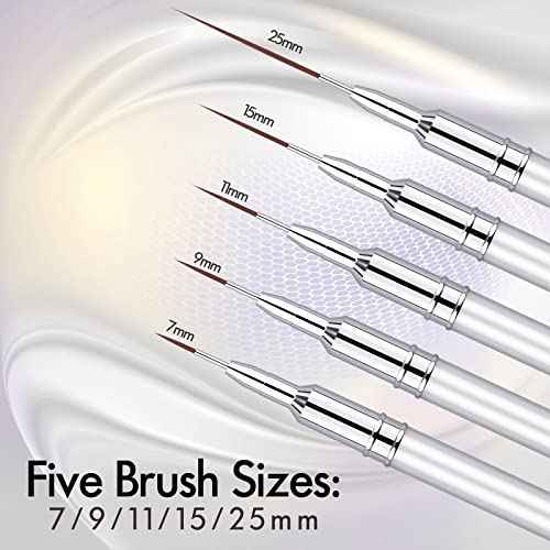 5PC Nail Art Brush Set - Long Lines, Liner, UV Gel Polish, Metal Handle, Sizes 7/9/11/15/25mm