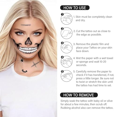 Halloween Skeleton Half Face Temporary Tattoos Kit with Remover
