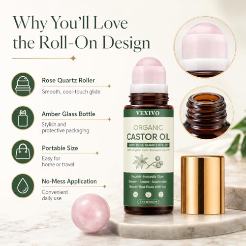 Thicair Organic Castor Oil Rose Quartz Roller Ball for Eyebrows, Face & Neck - 1.7 Fl Oz - Unscented, Hexane-Free, Brightening & Nourishing - Variation 1
