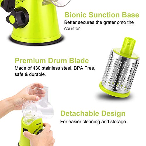 Geedel Rotary Cheese Grater, Kitchen Mandoline Vegetable Slicer with 3 Interchangeable Blades, Easy to Clean Rotary Grater Slicer for Fruit, Vegetables, Nuts