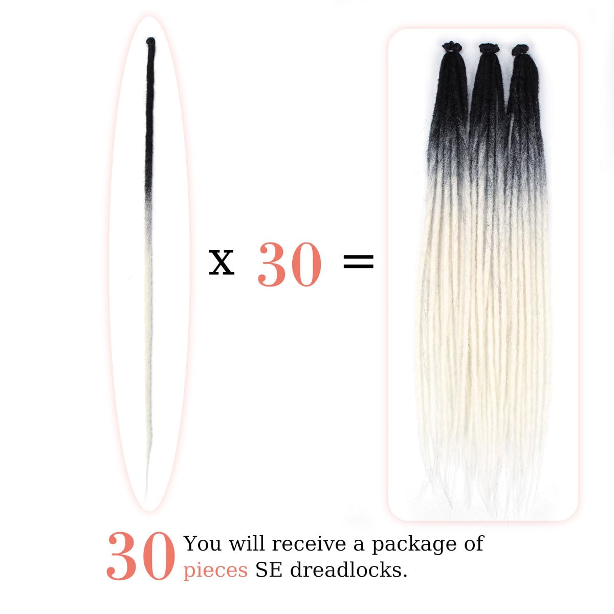 Sangtok 24 inch 30 pcs Dreadlock Extensions Single Ended, Black to White Thin 0.6cm Dreads Extensions, Synthetic Dreadlock Extensions Reggae Hippie Crochet Dreads for Women