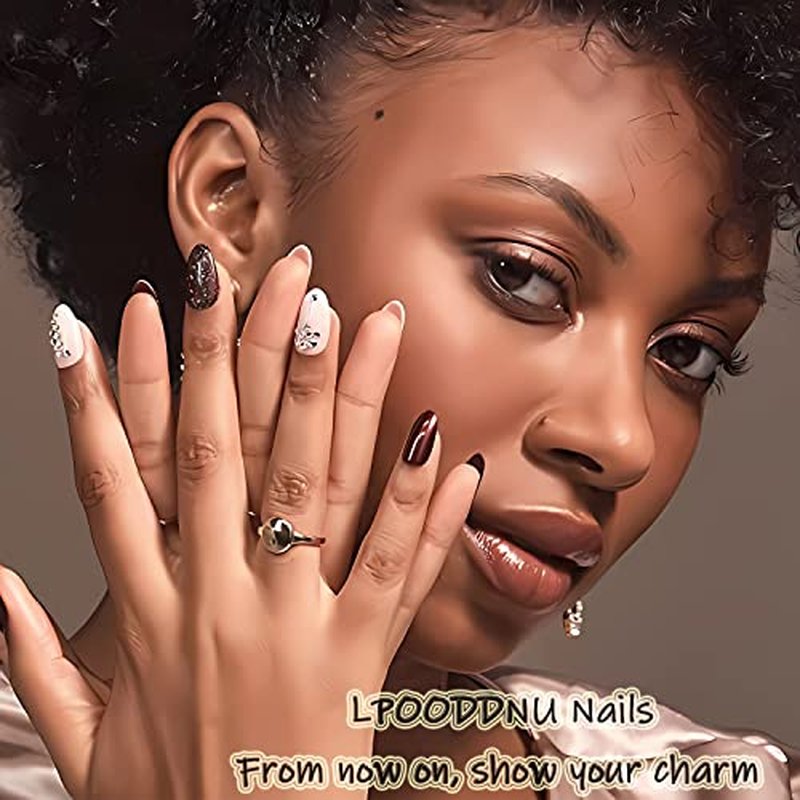 Almond Press On Nails 24pc Medium Pink 3D Bow Glitter