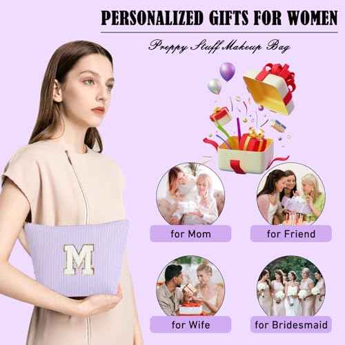 Personalized Gifts Initial Makeup Bag, Preppy Stuff Cosmetic Bags for Women Travel Toiletry Bag Cute Make Up Pouch Birthday Wedding Christmas Gift for Teen girls Friends (Purple, A)