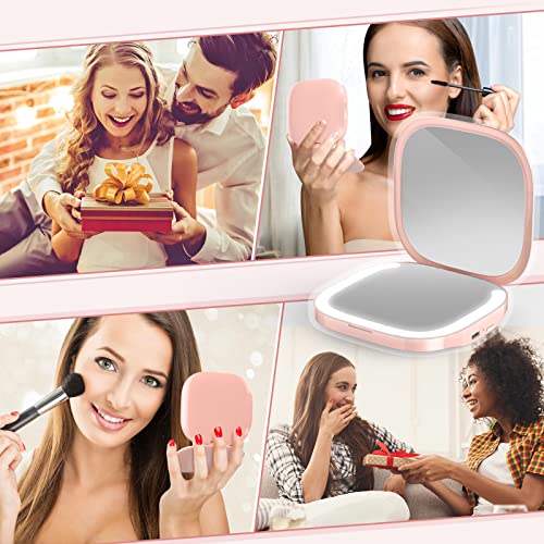 MY BEAUTY LIGHT Bright Compact Mirror with Durable Rechargeable 1X/3X Magnifying Light, 3000K-6000K Travel Makeup Mirror with Lights for Handbag Purse Pocket (Pink)