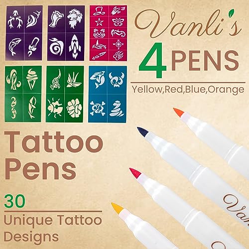 Vanli's Temporary Tattoo Markers - 10 Pens with 30 Stencils