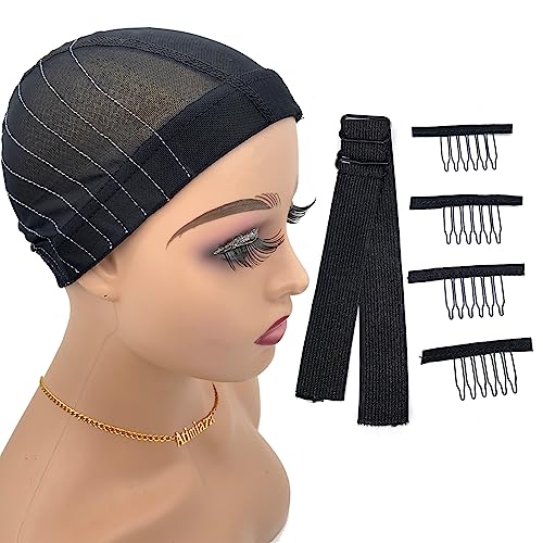 Atimiaza Wig Cap with Guideline Map for Wig Making, Stretchable Mesh Dome Caps with 1 Elastic Band and 4 Wig Combs for Beginners Sewing Wig (Medium: 21"-22", 5 * 5 Closure)