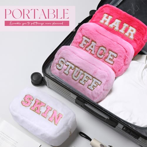 Paterr 4 Pieces Preppy Makeup Bag Chenille Letter Faux Fur Fluffy Bag Preppy Stuff Face Skin Hair Stuff Cute Toiletry Cosmetic Travel Bags Pouch with Zipper for Girls Women(Pink)