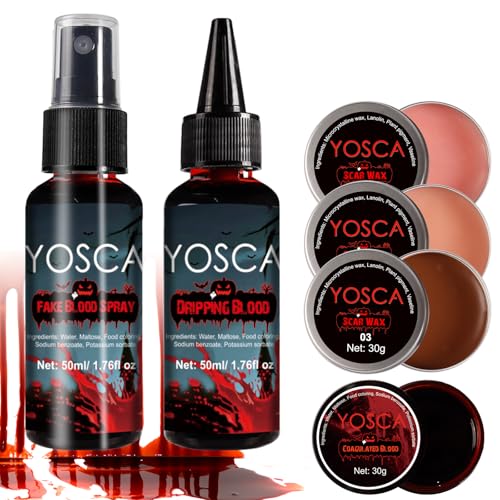 Yosca 6Pc Halloween Fake Blood Makeup Kit - Spray, Dripping, Scar Wax