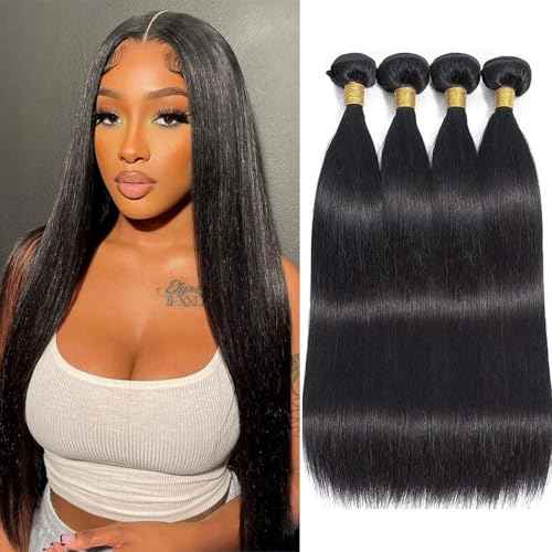 Straight Bundles Human Hair 16 18 20 22 Inch 100% Unprocessed Brazilian Virgin Hair 4 Bundles Human Hair Trippy Hair Weave Bundle Extension for Black Women Natural Color