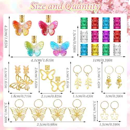 NAISKA 30Pcs Colorful Butterfly Charm for Braid Clips Gold Hair Jewelry Loc Dreadlock Accessories Flower Braid Charms Hair Cuffs Coils Rings Loc Jewelry Gifts for Women and Teen Girls