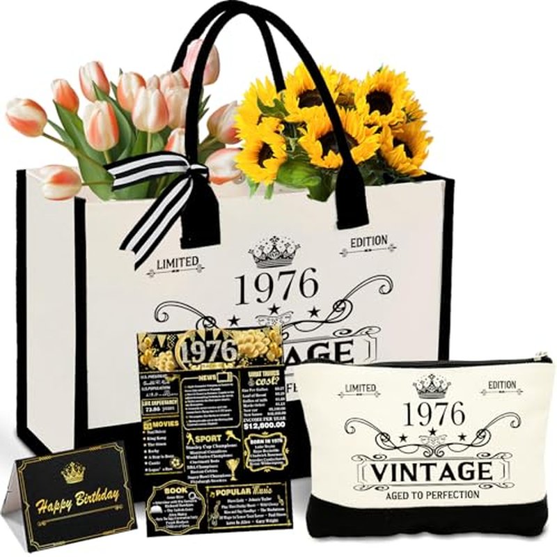 50th Birthday Gifts for Her Woman? Vintage 1976 Canvas Tote Bag Gift Set for Women, Cosmetic Bag, Back in 1976 Card, Unique 50 Years Old Birthday Gift Ideas for Mom, Wife, Sister, Friends