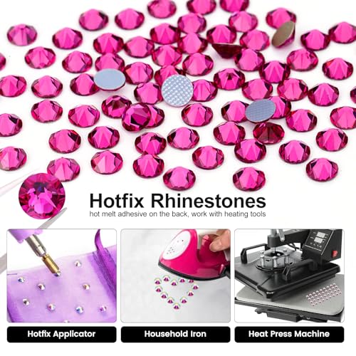 Novani Hotfix Rhinestones 1440pcs Fuchsia Round Iron on Rhinestone Style 2088 Sparkly Crystal Gemstones for Fabric and Crafting, SS20 (4.6-4.8mm)