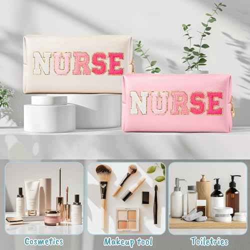 CY2SIDE NURSE Letter Makeup Bag - Gradient Pink Chenille Letter Patch Cosmetic Bag Pink PU Leather Patch Travel Pouch Waterproof Portable Zipper Travel Organizer Case Xmas Gifts for Nurse Women