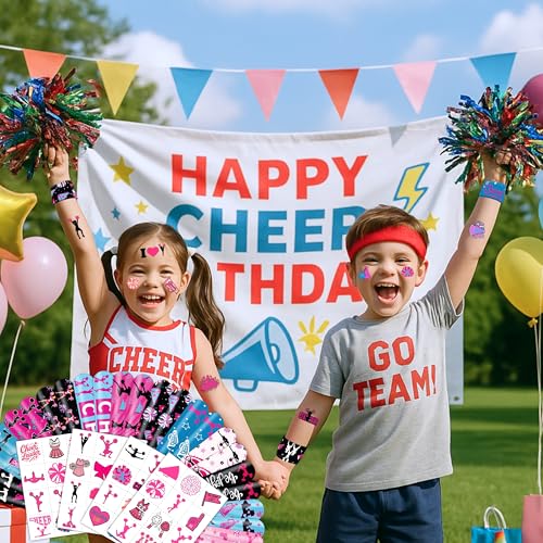 72PCS Cheerleading Party Set 48PCS Pre-cut Temporary Tattoos & 24PCS Slap Bracelets Perfect for Cheerleader Birthday Parties, Baby Showers, Classroom Rewards & Team Spirit Gifts for Girls & Boys