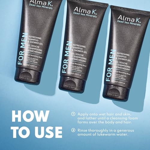 Alma K Refreshing Shampoo and Shower Gel - 2 in 1 Mens Body Wash and Clarifying Shampoo - Antioxidant-Rich with Argan Oil, Dead Sea Minerals - 6.8 oz