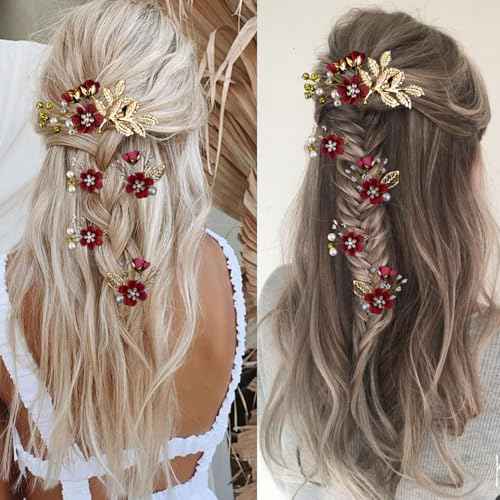 5 PCS Bridal Flower Wedding Hair Pins Crystal Pearl Headpiece Gold Wedding Hair Accessories Jewelry Rhinestone for Brides Bridesmaids Women Girls Updo, Exquisite Flower Leaves&Elegant Burgundy
