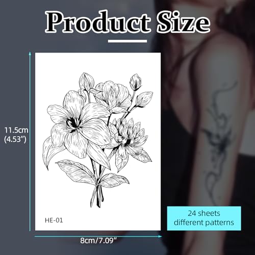 24 Sheets Temporary Tattoos Stickers Long Lasting Flower Temporary Fake Tattoos For Men Women Arm Neck Fake Body Arm Chest Shoulder Tattoos