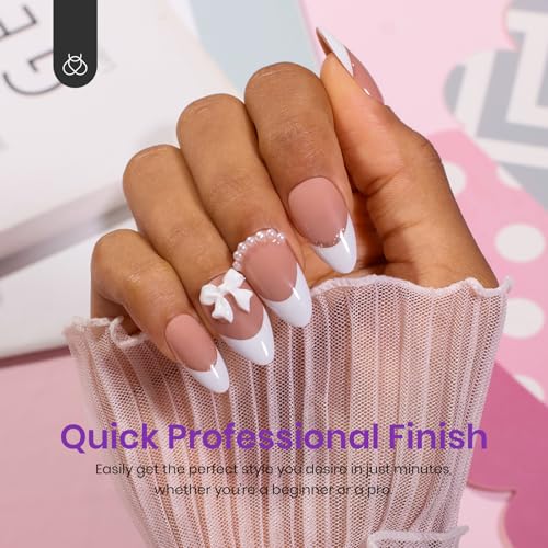 Beetles Pre-French Tips Gel Nail Tips, 4-IN-1 150Pcs Almond Medium Pinkish Brown French Press on Nails Etch X Pre-Primer & Base Coat, No File Need Easy False Nail Tips for Nail Art DIY Design