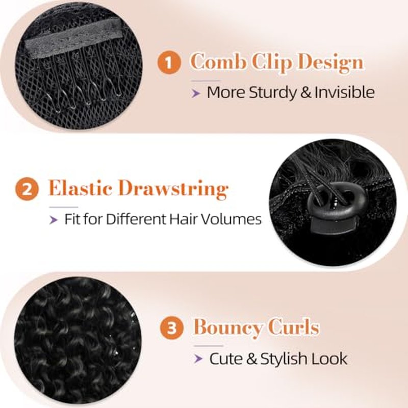 18" Drawstring Ponytail Extension Black Curly Synthetic Hair