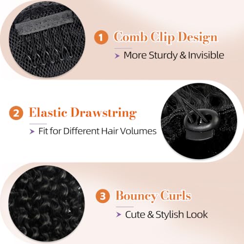 Vroosar 18 Inch Drawstring Ponytail Extension Black - Long Curly Synthetic Hair for Women, Daily Use (1B#)