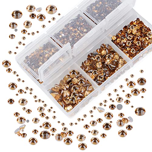 AD Beads 4300 Pieces Flat Back Nail Art Rhinestones Round Beads 6 Sizes (2-6.5mm) with Storage Organizer Box,Rhinestones Picking Pen for Nail Art Phone Decorations Crafts DIY (Light Topaz)