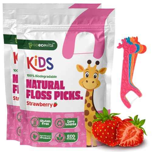 Biodegradable Kids Flossers - Dental Floss Picks for Children | Fluoride & Plastic-Free | Colorful & Fun Animal Floss Sticks | Eco Friendly, Vegan, Natural (Strawberry - 100 Pack)