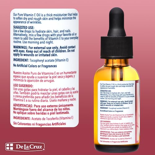De La Cruz Vitamin E Oil for Face 28,000 IU - No Preservatives, Artificial Colors or Fragrances, Made in USA 1 FL. OZ.