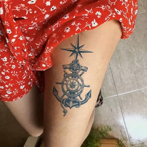 6 Sheets Semi Permanent Fake Waterproof Arm Temporary Tattoo Stickers Long Lasts 1-2 Weeks, Ship Boat Anchor Rope Compass Scorpion Lighthouse Sailor Sea Arrow Natural Fading