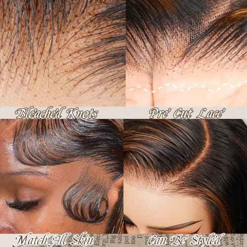 Wear and Go Glueless Wig Human Hair Pre Cut 24 Inch Balayage Highlight 7x5 HD Lace Front Wig Pre Plucked Bleached Knots 1b30 Black and Blonde Ombre Lace Closure Wig 180 Density for Women