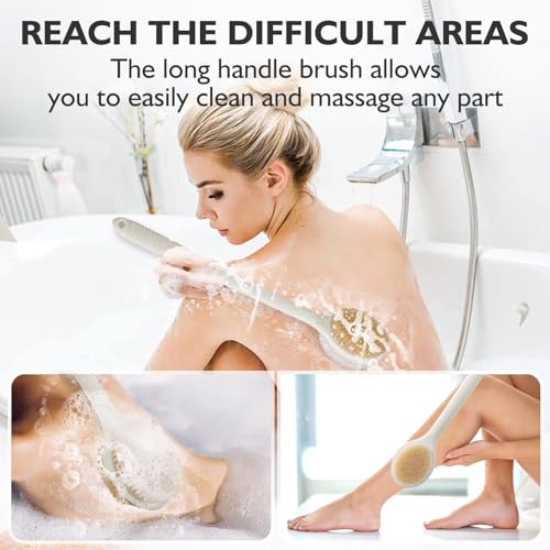 VANZAVANZU 17 Inch Anti-Slip Long Handle Back Scrubber for Shower ? Dual-Sided Shower Brush and Shower Back Scrubber with Soft and Stiff Bristles for Wet or Dry Brushing (Cream White)