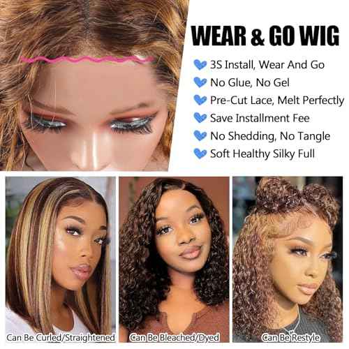 Highlight Ombre Honey Blonde Curly Bob 4x4 Lace Wig Deep Wave Wigs Pre Plucked Pre Cut Bleached Knots 10 Inch Wear And Go Glueless for Woman Pre Plucked With Baby Hair for Black Women