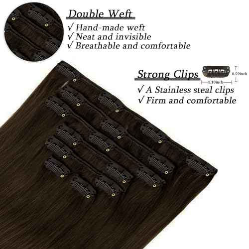 Savasana Clip in Hair Extensions Real Human Hair Straight 7 Pcs Hair Extensions Double Weft Thick Dark Brown 18 Inch 120g