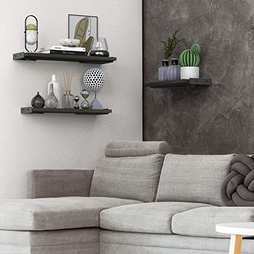 BAYKA Floating Shelves for Wall, Wall Mounted Rustic Wood Shelves for Bathroom, Bedroom, Living Room, Kitchen, Hanging Shelf for Books/Storage/Room Decor with 22lbs Capacity (Black, Set of 3, 16in)