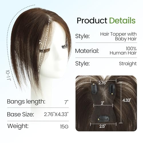 Dark Brown Human Hair Toppers for Women - 11 Inch Clip-In Bangs