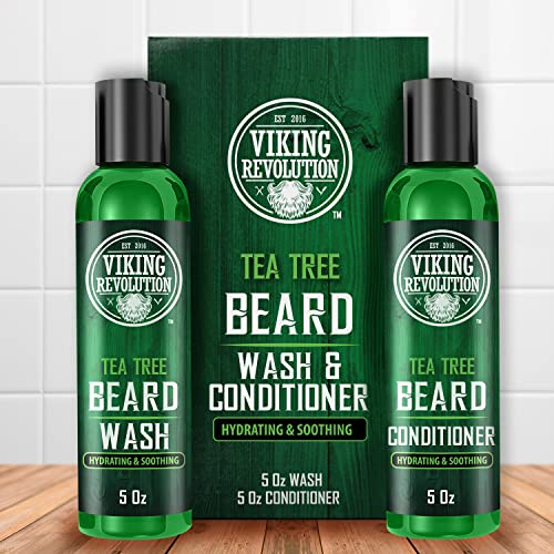 Viking Revolution Tea Tree Beard Wash and Conditioner Set for Men - Natural Beard Softener with Argan Oil, Vitamin E and Ginseng (5 Oz)