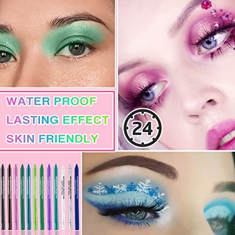 12 Colors Colorful Eyeliner Pencils Set Glitter Colored Eyeliner Pen Kit Metallic Pearl Green Purple White Blue Matte Eye Shadow Pencil Long Lasting Waterproof Professional Eye Makeup Pen Set (12Pcs)