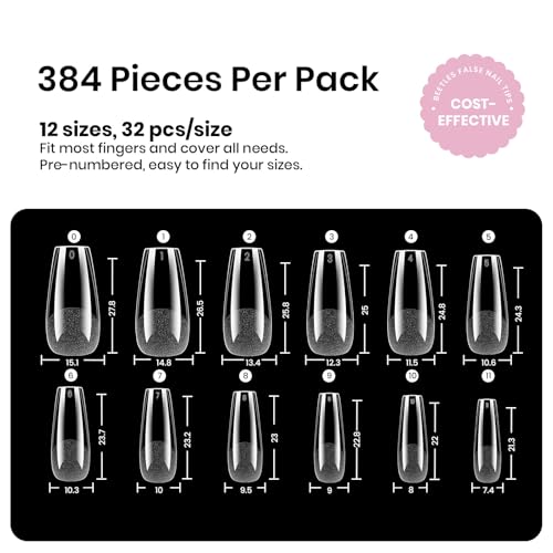 Beetles Coffin Medium Nail Tips 384pcs - Pre-Etched, No Shaping Needed, 12 Sizes