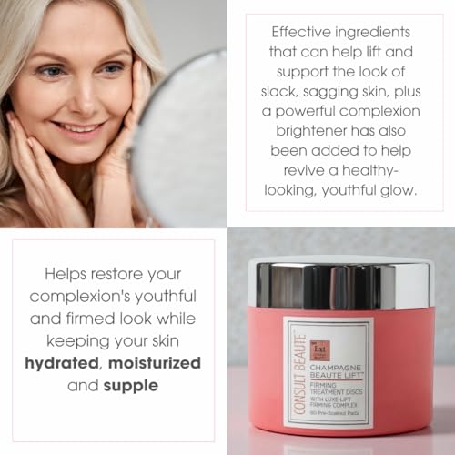 Consult Beaute - Champagne Lift Face Firming Treatment Disc - Firming and Exfoliating Pads - Rejuvenate Sagging Skin - Pre-Soaked Wipes - Disposable - Peptides - Grape Seed Extract - 60 Count (2Pack)