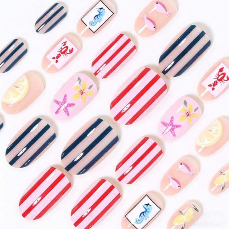 24Pcs Summer Beach Oval Press On Nails with Lemon Flower Stripes