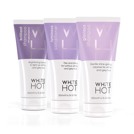White Hot Cleanse & Condition Trio: brightening hair care regime to cleanse & add gloss to white & grey hair, purple shampoo