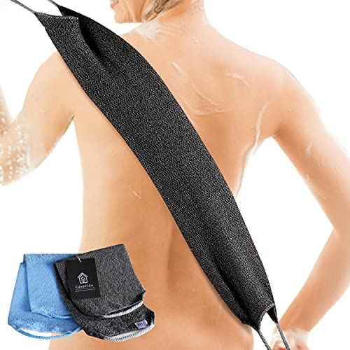 CASAVIDA Back Scrubber for Shower Nylon Bath Towel Washer Exfoliating Washcloth Rear Japanese Stretchable Strap Wash Cloth Body Exfoliation 2 Pack (Blue + Charcoal Gray)